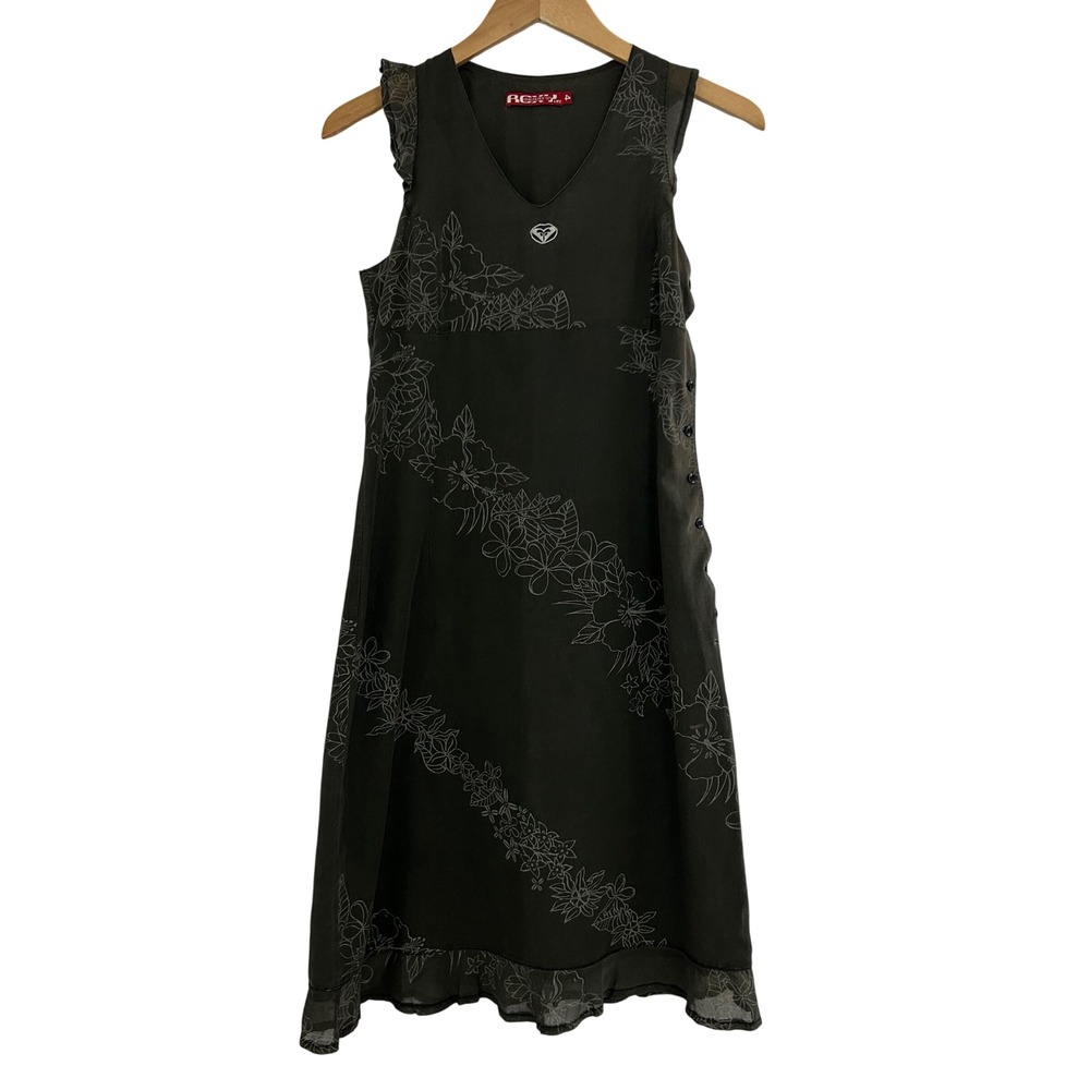 Roxy Quiksilver Life Olive Green Floral Side Button Dress Womens Size 4 Summer